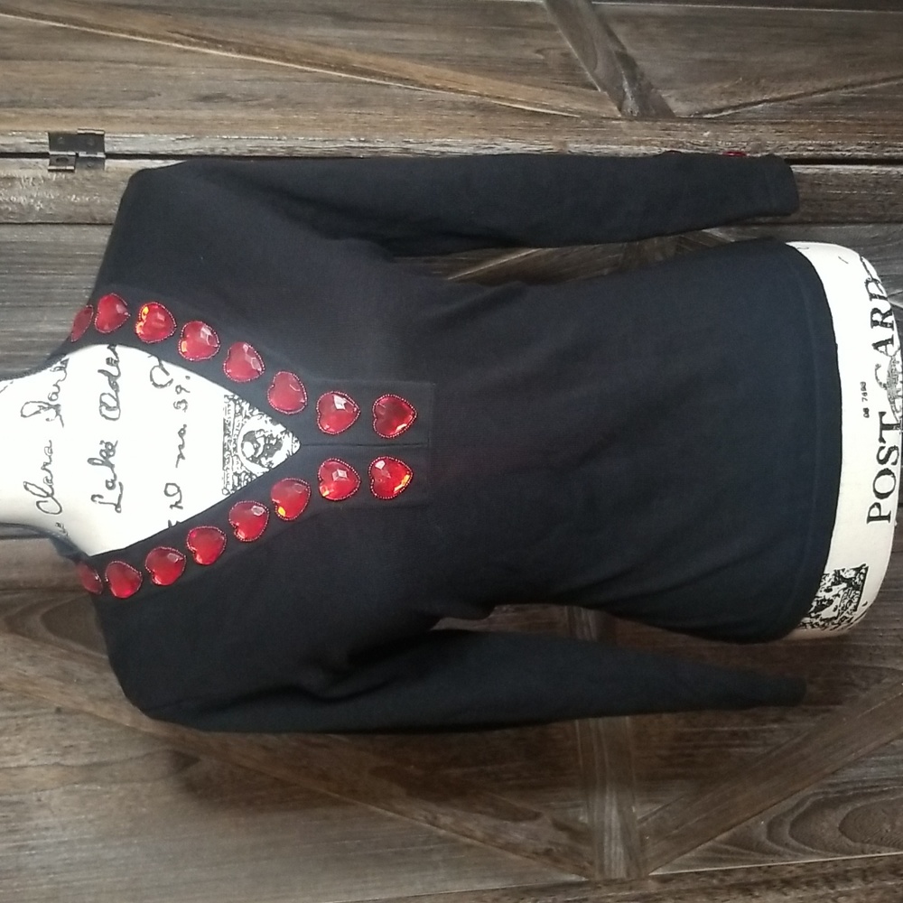 Jack B. Quick-Black Blouse with Heart Rhinstones-Quarter Sleeves-Sz. Small